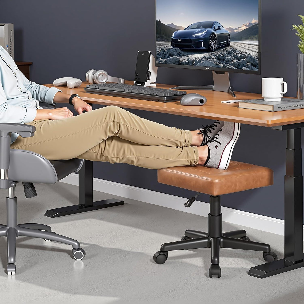 Under Desk Footrest, PU Ergonomic Foot Rest with Wheels, Comfort Padding, Height Adjustable for Relieving Leg Pain, Stiffness, Black