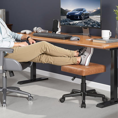 Under Desk Footrest, PU Ergonomic Foot Rest with Wheels, Comfort Padding, Height Adjustable for Relieving Leg Pain, Stiffness, Black