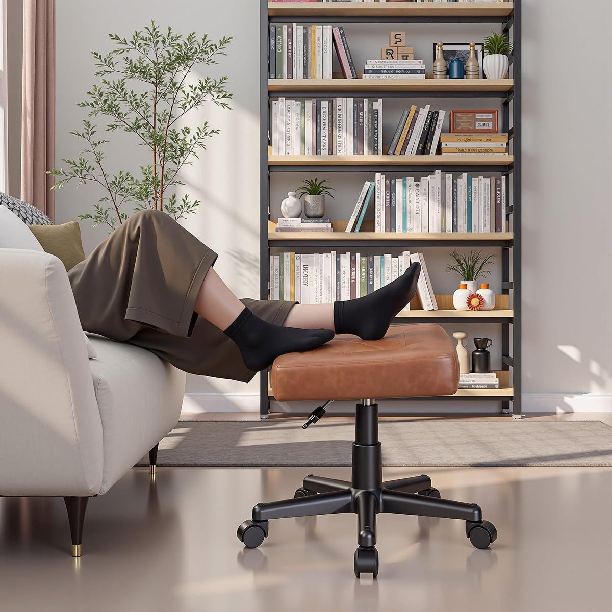 Under Desk Footrest, PU Ergonomic Foot Rest with Wheels, Comfort Padding, Height Adjustable for Relieving Leg Pain, Stiffness, Black