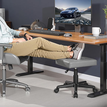 Under Desk Footrest, PU Ergonomic Foot Rest with Wheels, Comfort Padding, Height Adjustable for Relieving Leg Pain, Stiffness, Black