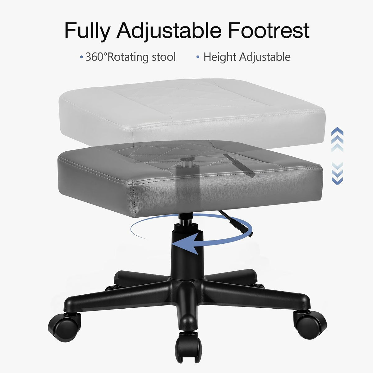 Under Desk Footrest, PU Ergonomic Foot Rest with Wheels, Comfort Padding, Height Adjustable for Relieving Leg Pain, Stiffness, Black