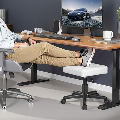 Under Desk Footrest, PU Ergonomic Foot Rest with Wheels, Comfort Padding, Height Adjustable for Relieving Leg Pain, Stiffness, Black