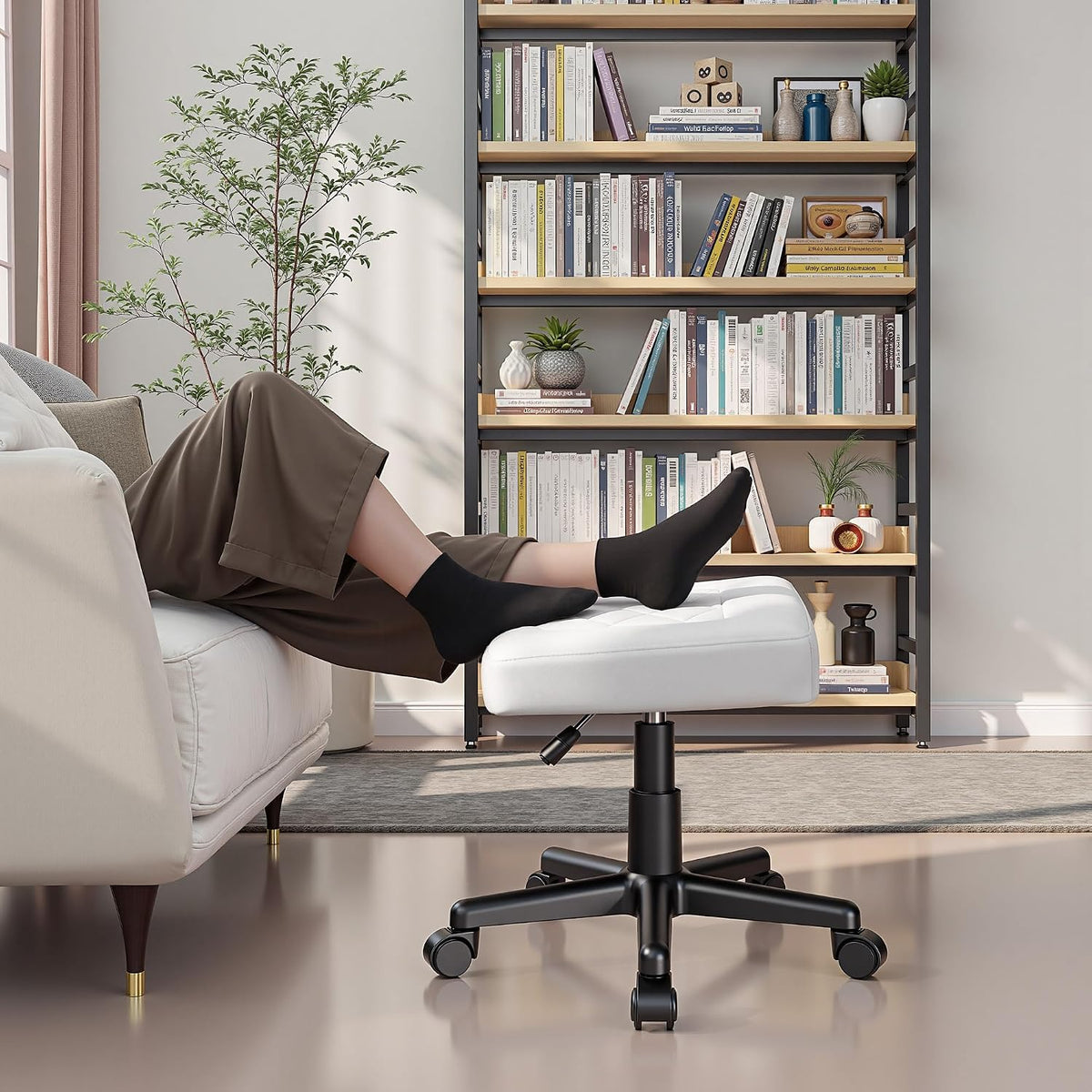 Under Desk Footrest, PU Ergonomic Foot Rest with Wheels, Comfort Padding, Height Adjustable for Relieving Leg Pain, Stiffness, Black