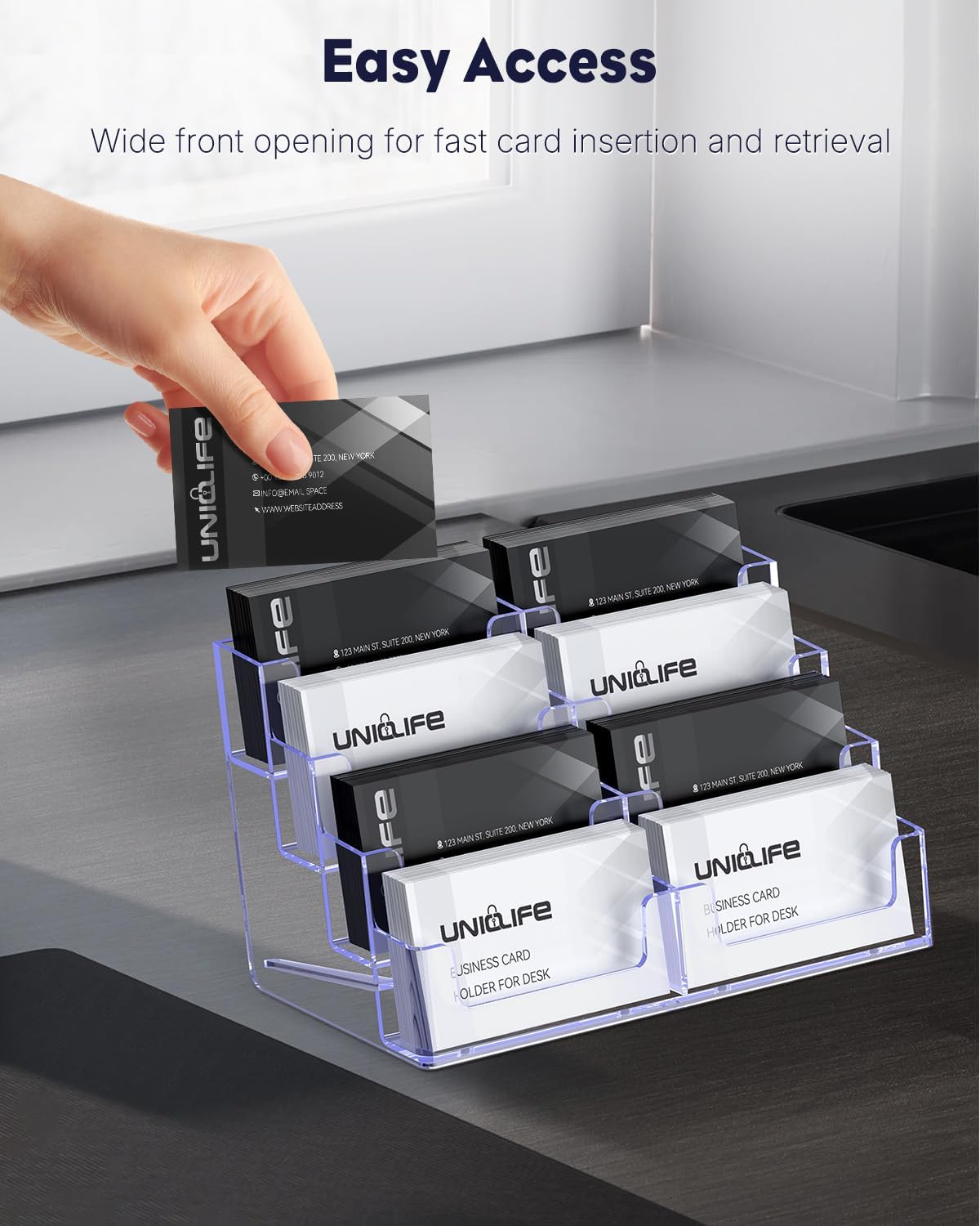 Acrylic Business Card Holder for Desk 8 Slots Clear Business Card Display Stand for Men & Women Desktop Business Card Organizer Card Stand for Office Home Exhibition, 480 Card Capacity