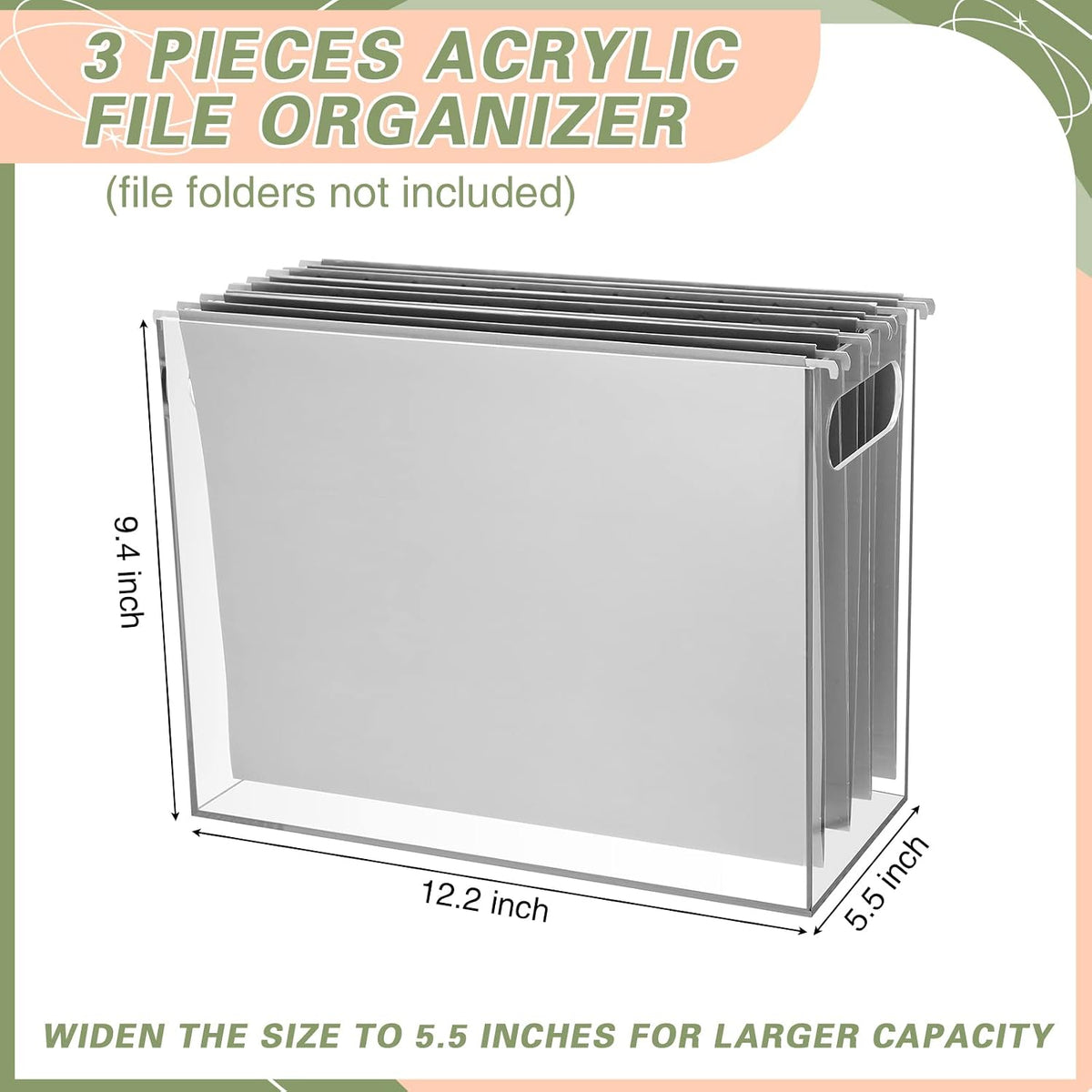 3 Pcs Acrylic File Organizer Acrylic Desktop File Box with Handle Hanging Folder Clear Holder Filing Box for Office Home School Letter Size Folder Storage, 12.2 x 5.5 x 9.4 Inch