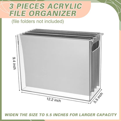 3 Pcs Acrylic File Organizer Acrylic Desktop File Box with Handle Hanging Folder Clear Holder Filing Box for Office Home School Letter Size Folder Storage, 12.2 x 5.5 x 9.4 Inch