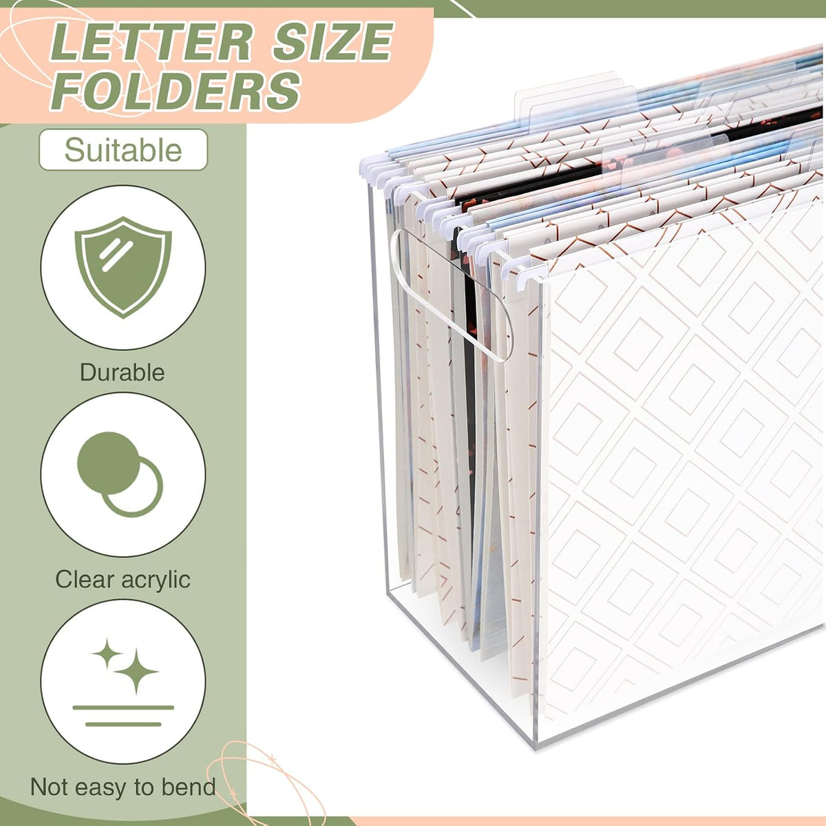 3 Pcs Acrylic File Organizer Acrylic Desktop File Box with Handle Hanging Folder Clear Holder Filing Box for Office Home School Letter Size Folder Storage, 12.2 x 5.5 x 9.4 Inch
