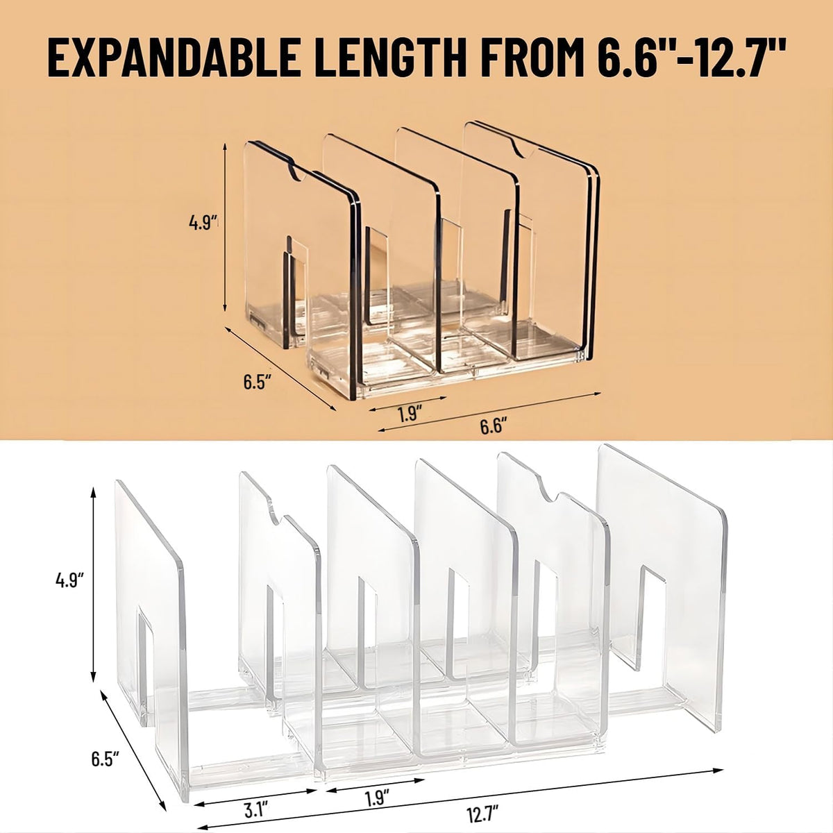 2-Pack Clear Desktop File Organizer, Expandable Acrylic File Sorter Auto Rebound, Multifunction 5 Sections File Folder Holder for Magazines, Books, Letters, Papers, Notebooks