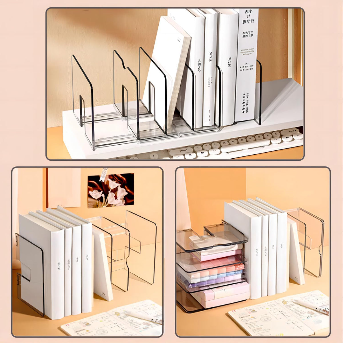 2-Pack Clear Desktop File Organizer, Expandable Acrylic File Sorter Auto Rebound, Multifunction 5 Sections File Folder Holder for Magazines, Books, Letters, Papers, Notebooks