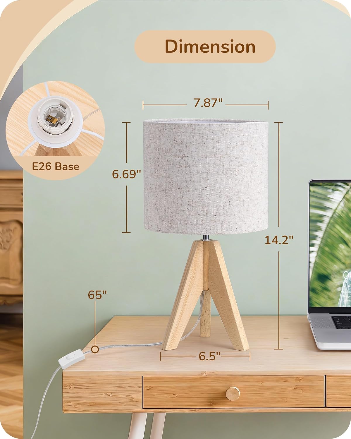 Tripod Table Lamp, Small Cute Bedside Lamp, 14.2 Inch, E26 Base