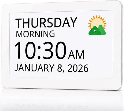 Clock 2026 with Day and Date for Elderly, Clocks for Seniors, Dementia Clock, Digital Calendar Elderly, Bedside Clocks Seniors, Alzheimers Products, Dementia Clocks Large, White