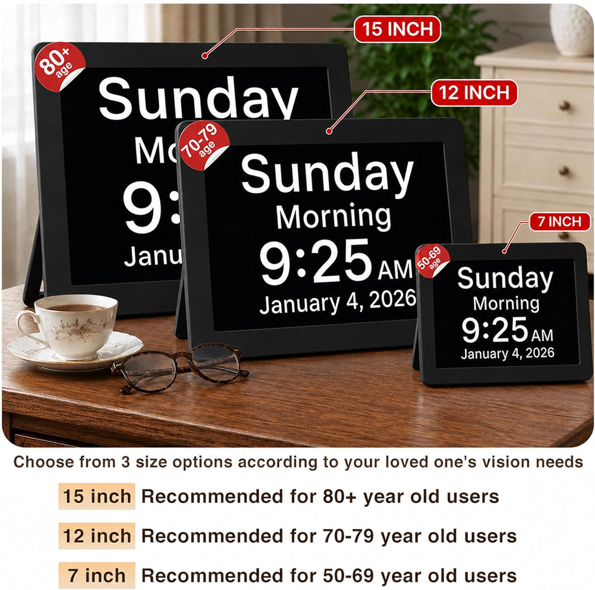 Clock 2026 with Day and Date for Elderly, Clocks for Seniors, Dementia Clock, Digital Calendar Elderly, Bedside Clocks Seniors, Alzheimers Products, Dementia Clocks Large, White