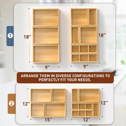 Bamboo Drawer Organizer, Set of 9 Wood Kitchen Junk Tea Desk Office Tray, Wooden Storage Boxes Organizers for Bathroom, Office (2" H 9 Boxes)