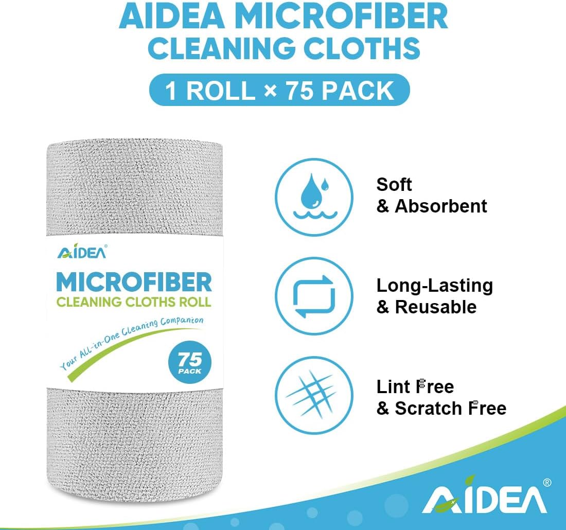 AIDEA Microfiber Cleaning Cloth Roll-75PK, Reusable Paper Towels 11.5×11.5"