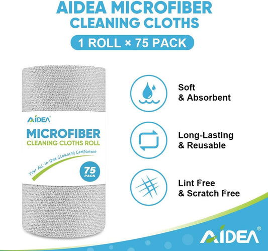 AIDEA Microfiber Cleaning Cloth Roll-75PK, Reusable Paper Towels 11.5×11.5"