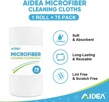 AIDEA Microfiber Cleaning Cloth Roll-75PK, Reusable Paper Towels 11.5×11.5"