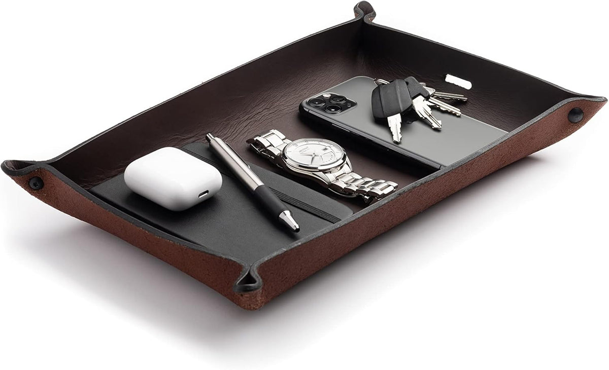 Leather Valet Tray for Men – Rustic EDC Organizer for Keys, Phone & Wallet – Made in USA – Whiskey Barrel Brown