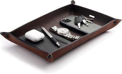 Leather Valet Tray for Men – Rustic EDC Organizer for Keys, Phone & Wallet – Made in USA – Whiskey Barrel Brown