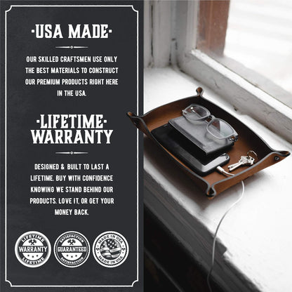 Leather Valet Tray for Men – Rustic EDC Organizer for Keys, Phone & Wallet – Made in USA – Whiskey Barrel Brown