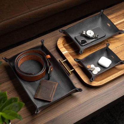 Leather Valet Tray for Men – Rustic EDC Organizer for Keys, Phone & Wallet – Made in USA – Whiskey Barrel Brown