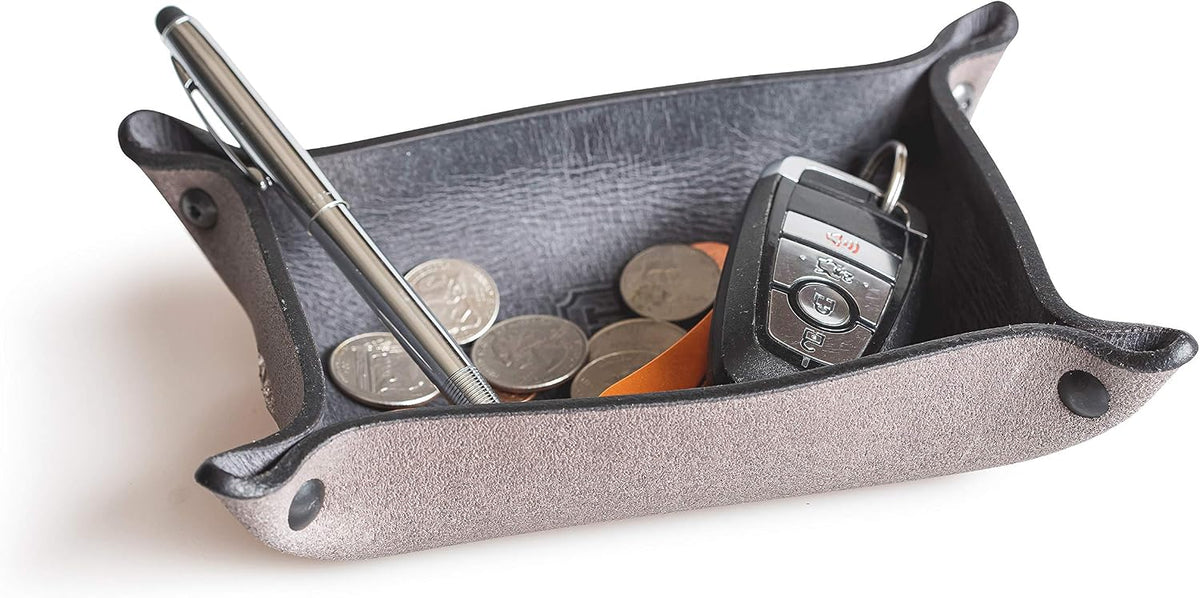 Leather Valet Tray for Men – Rustic EDC Organizer for Keys, Phone & Wallet – Made in USA – Whiskey Barrel Brown