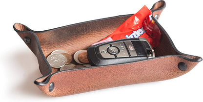 Leather Valet Tray for Men – Rustic EDC Organizer for Keys, Phone & Wallet – Made in USA – Whiskey Barrel Brown