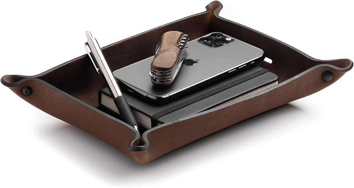 Leather Valet Tray for Men – Rustic EDC Organizer for Keys, Phone & Wallet – Made in USA – Whiskey Barrel Brown