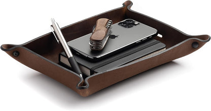 Leather Valet Tray for Men – Rustic EDC Organizer for Keys, Phone & Wallet – Made in USA – Whiskey Barrel Brown