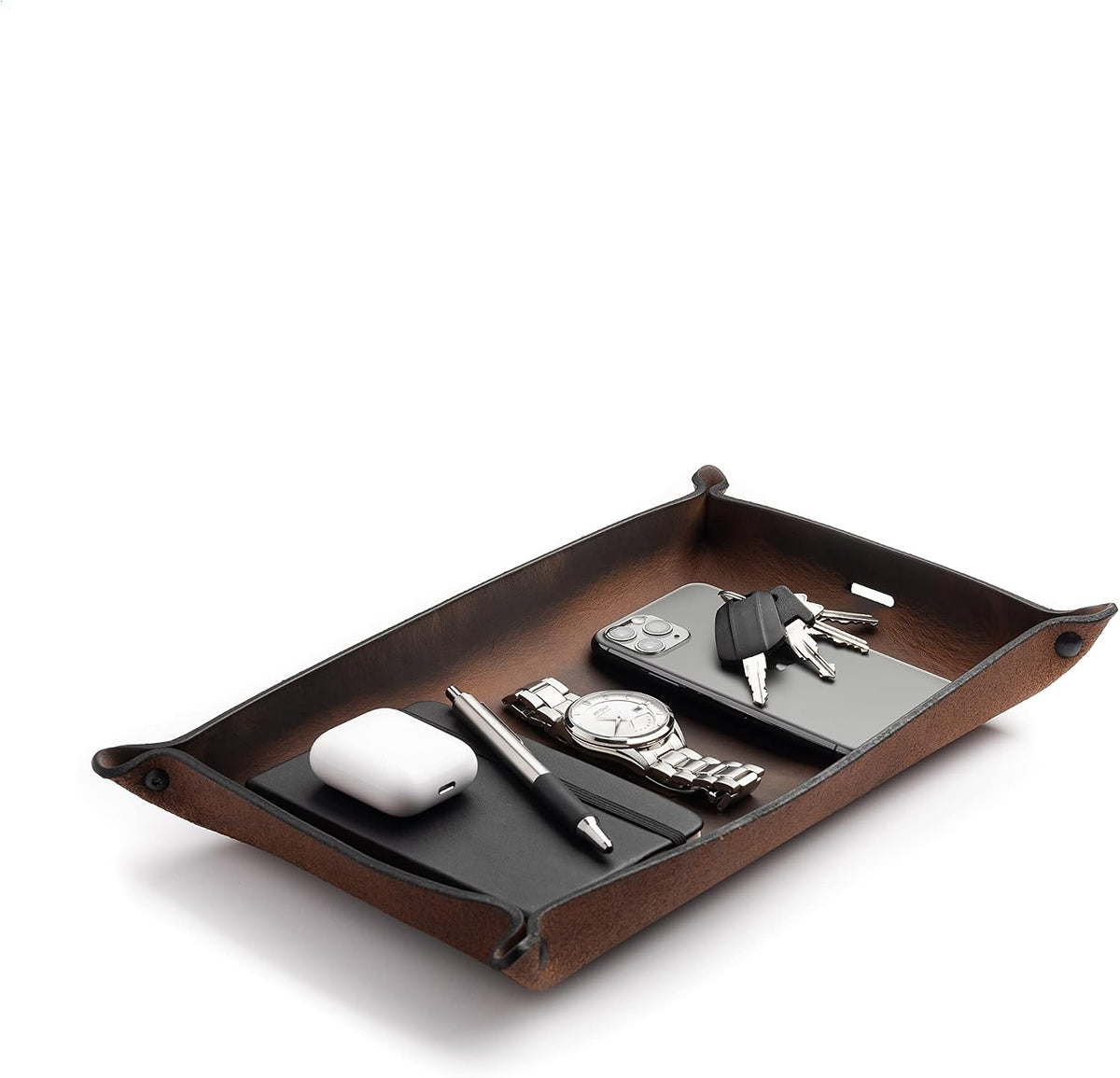 Leather Valet Tray for Men – Rustic EDC Organizer for Keys, Phone & Wallet – Made in USA – Whiskey Barrel Brown