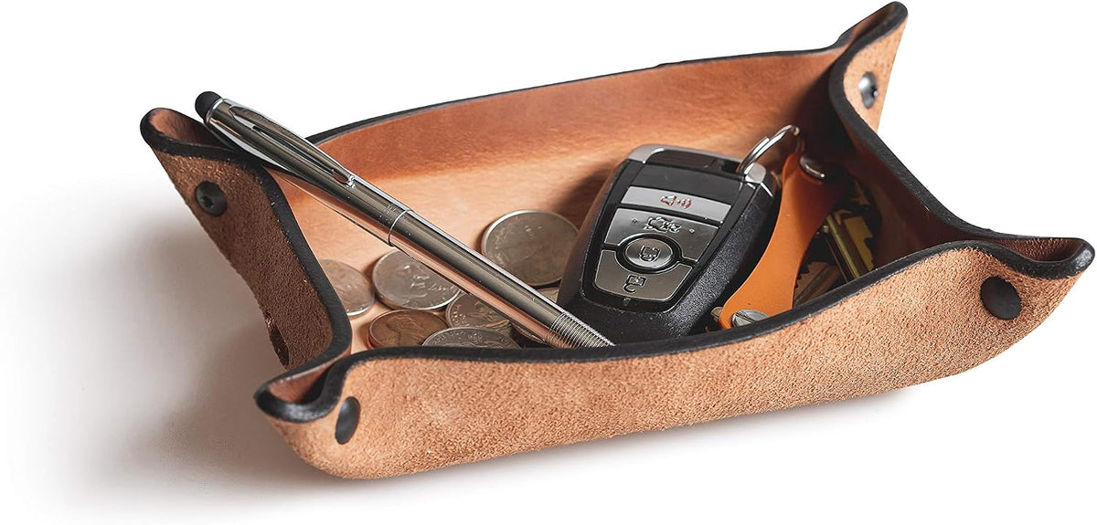 Leather Valet Tray for Men – Rustic EDC Organizer for Keys, Phone & Wallet – Made in USA – Whiskey Barrel Brown