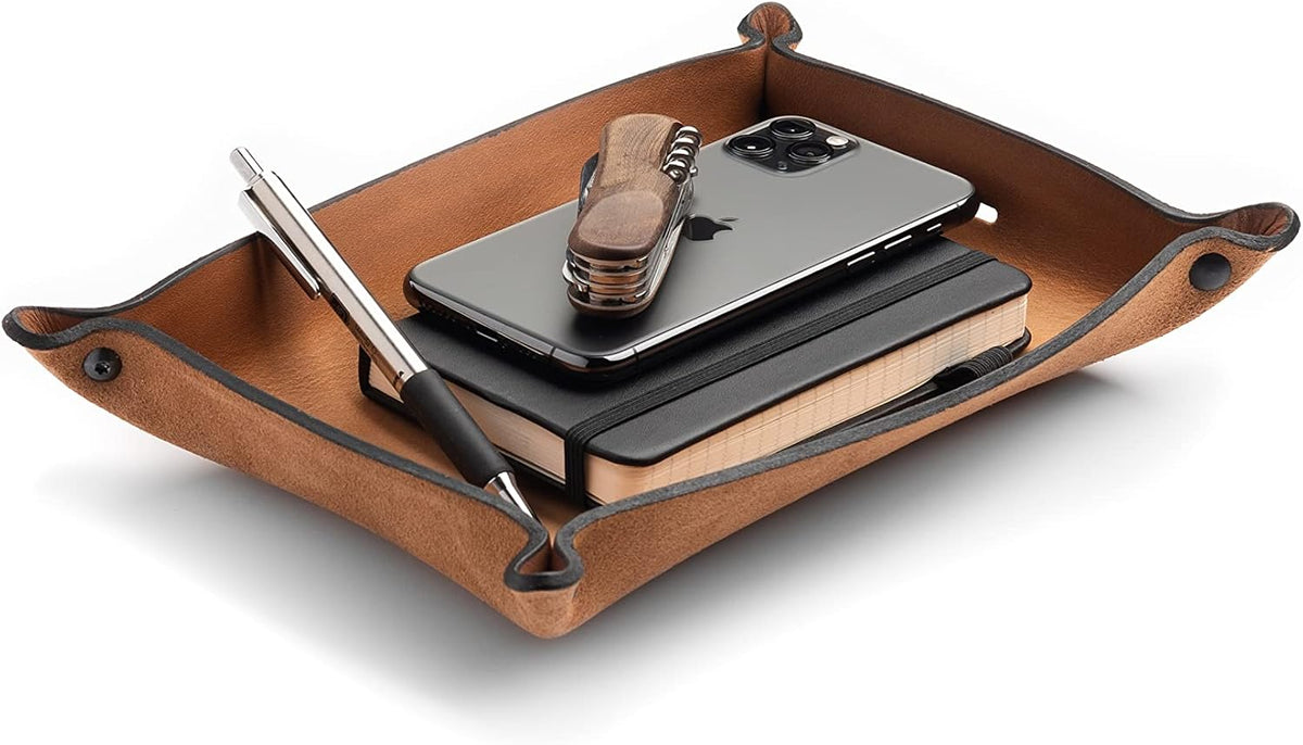 Leather Valet Tray for Men – Rustic EDC Organizer for Keys, Phone & Wallet – Made in USA – Whiskey Barrel Brown