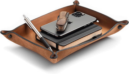 Leather Valet Tray for Men – Rustic EDC Organizer for Keys, Phone & Wallet – Made in USA – Whiskey Barrel Brown