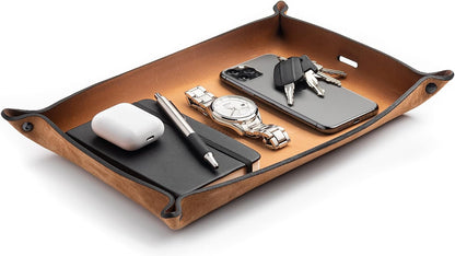 Leather Valet Tray for Men – Rustic EDC Organizer for Keys, Phone & Wallet – Made in USA – Whiskey Barrel Brown