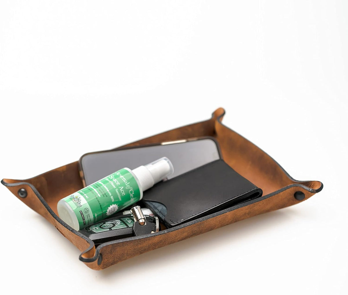 Leather Valet Tray for Men – Rustic EDC Organizer for Keys, Phone & Wallet – Made in USA – Whiskey Barrel Brown