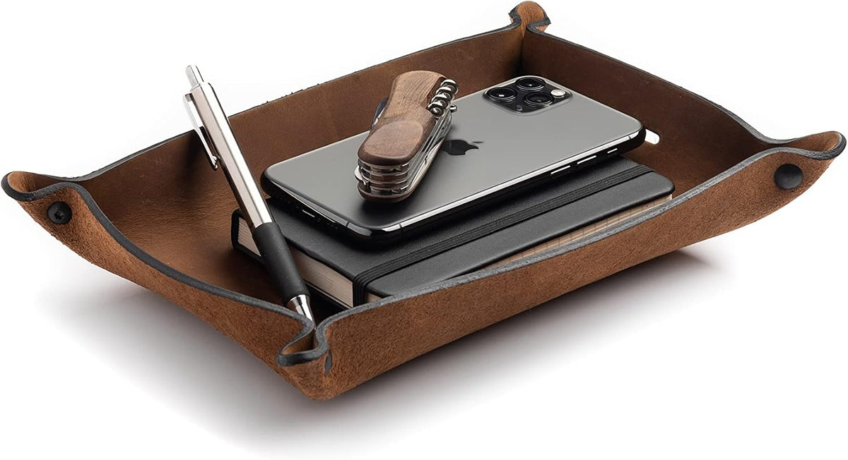 Leather Valet Tray for Men – Rustic EDC Organizer for Keys, Phone & Wallet – Made in USA – Whiskey Barrel Brown