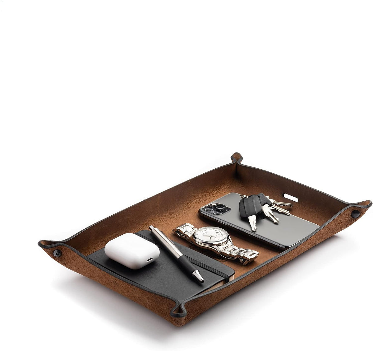 Leather Valet Tray for Men – Rustic EDC Organizer for Keys, Phone & Wallet – Made in USA – Whiskey Barrel Brown