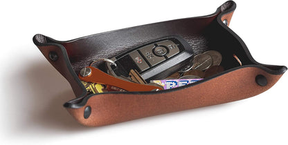 Leather Valet Tray for Men – Rustic EDC Organizer for Keys, Phone & Wallet – Made in USA – Whiskey Barrel Brown