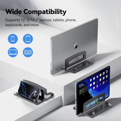 Vertical Laptop Stand, Adjustable Aluminum Laptop Stand (Fits Up to 17.3"), Space-Saving Vertical Stand with Non-Slip & Scratch-Resistant Silicone, Compatible with MacBook Pro/Air, Dell, HP