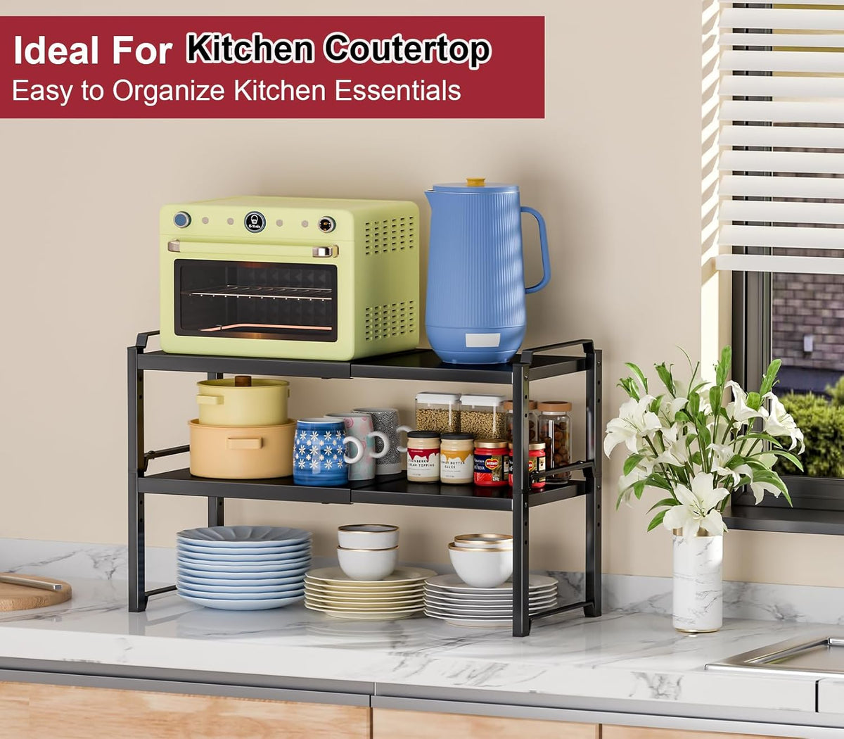 Expandable Cabinet Shelf Organizer, Adjustable kitchen Countertop Storage