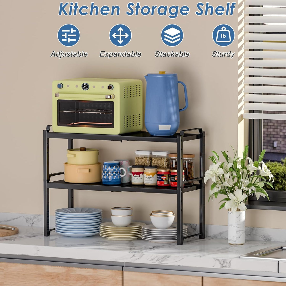 Expandable Cabinet Shelf Organizer, Adjustable kitchen Countertop Storage