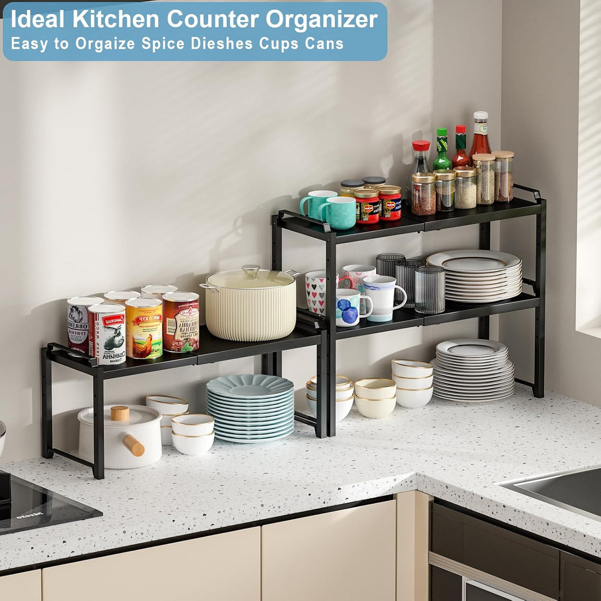 Expandable Cabinet Shelf Organizer, Adjustable kitchen Countertop Storage