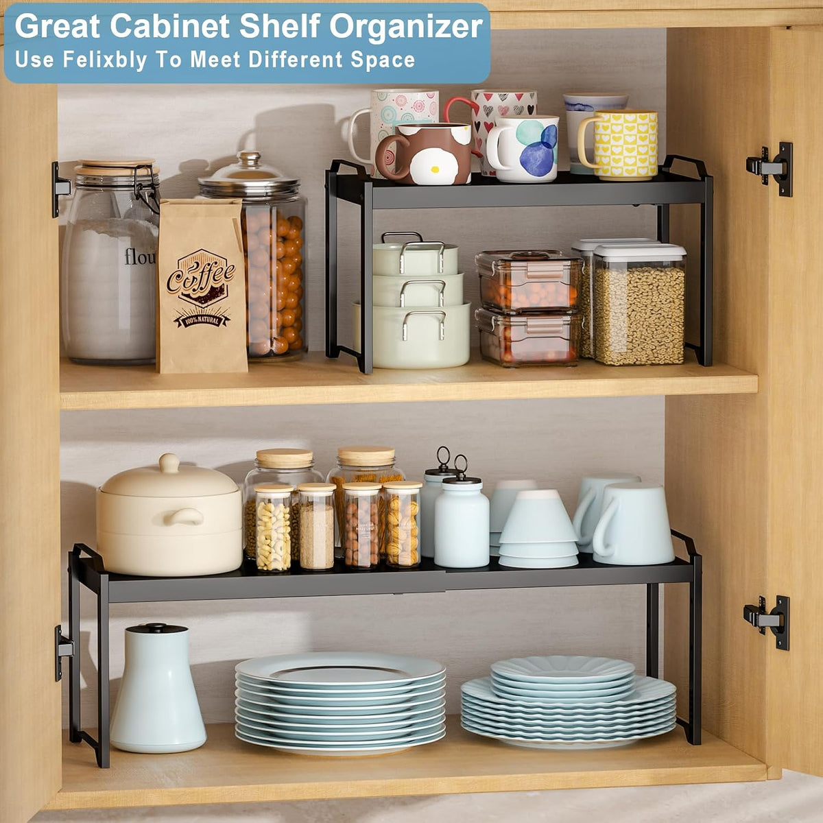 Expandable Cabinet Shelf Organizer, Adjustable kitchen Countertop Storage