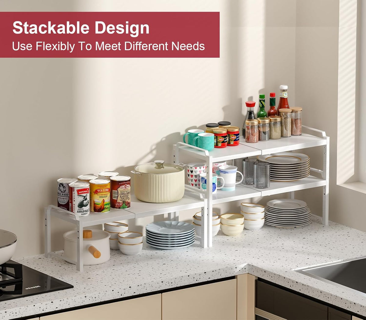 Expandable Cabinet Shelf Organizer, Adjustable kitchen Countertop Storage