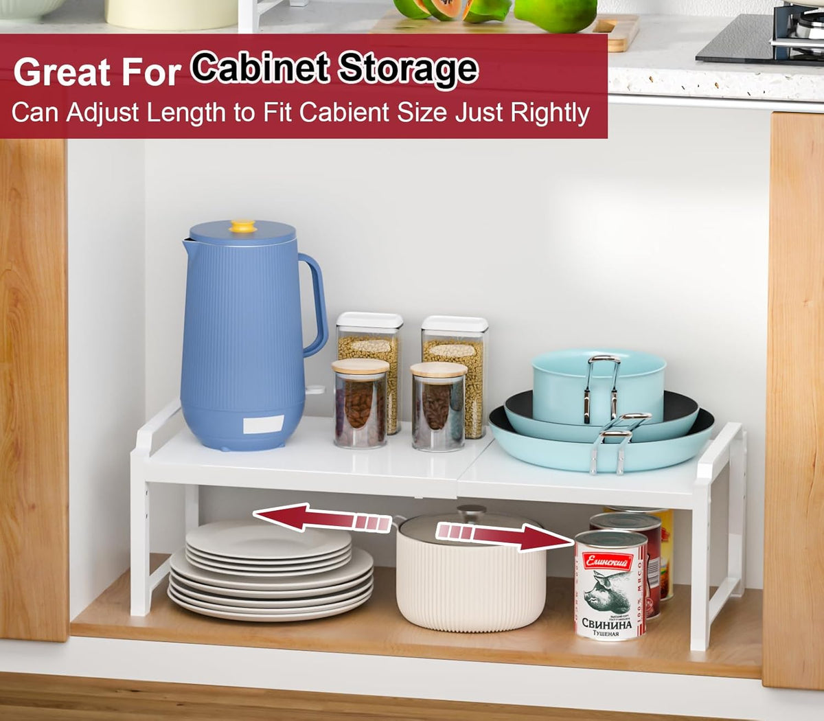 Expandable Cabinet Shelf Organizer, Adjustable kitchen Countertop Storage