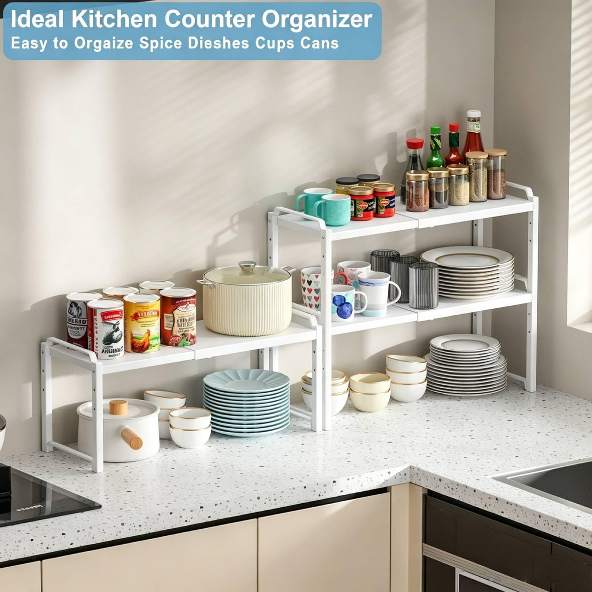 Expandable Cabinet Shelf Organizer, Adjustable kitchen Countertop Storage