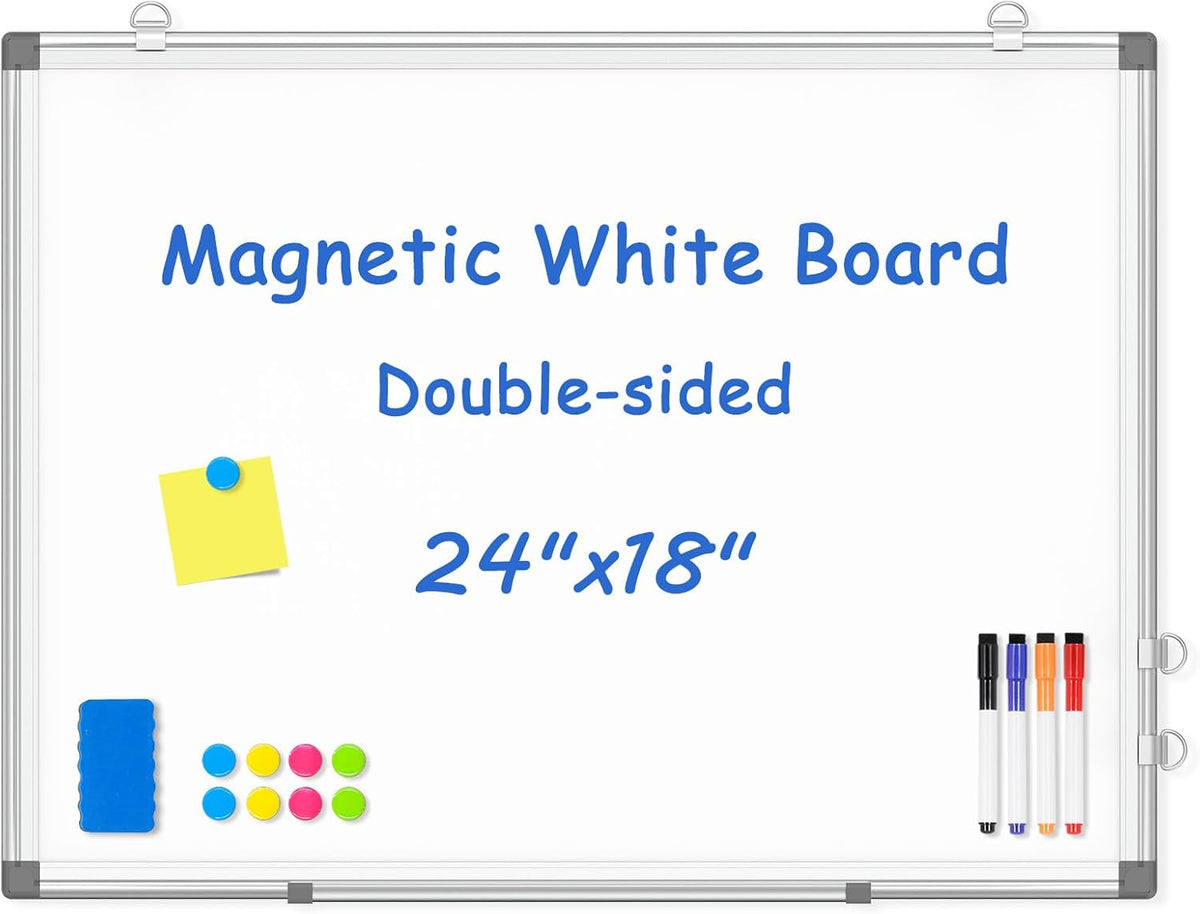 Double-Sided White Board Dry Erase Magnetic Whiteboard Wall 24x18 Silver