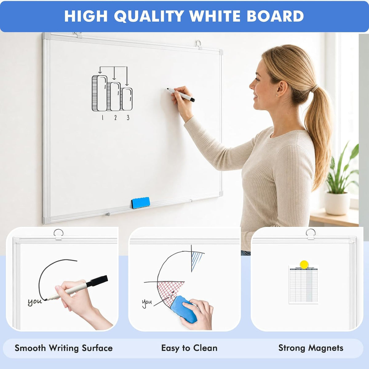 Double-Sided White Board Dry Erase Magnetic Whiteboard Wall 24x18 Silver