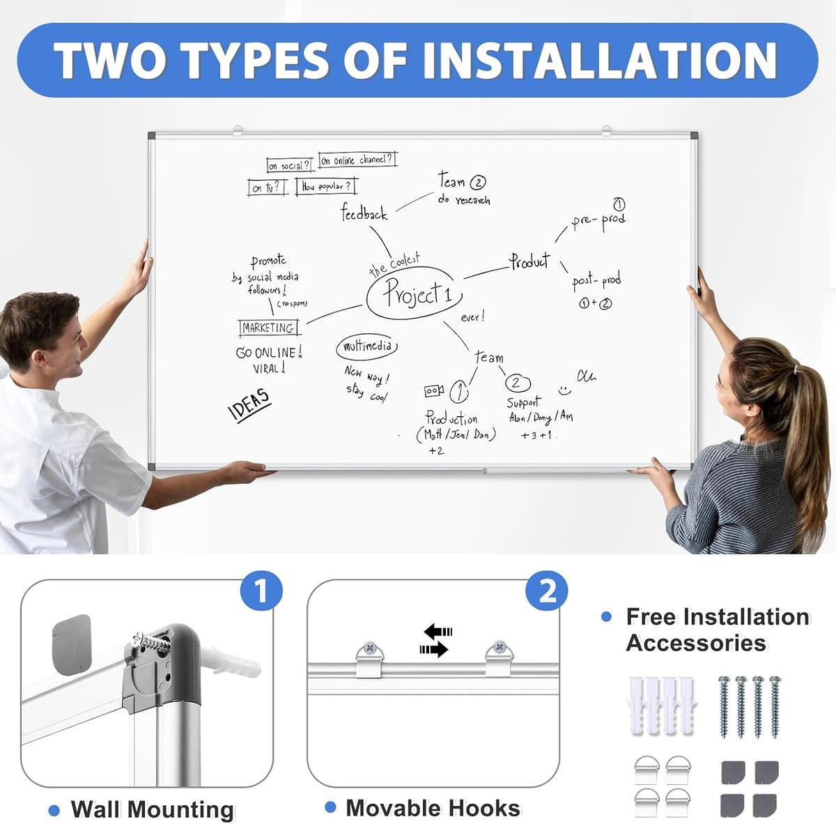 Double-Sided White Board Dry Erase Magnetic Whiteboard Wall 24x18 Silver