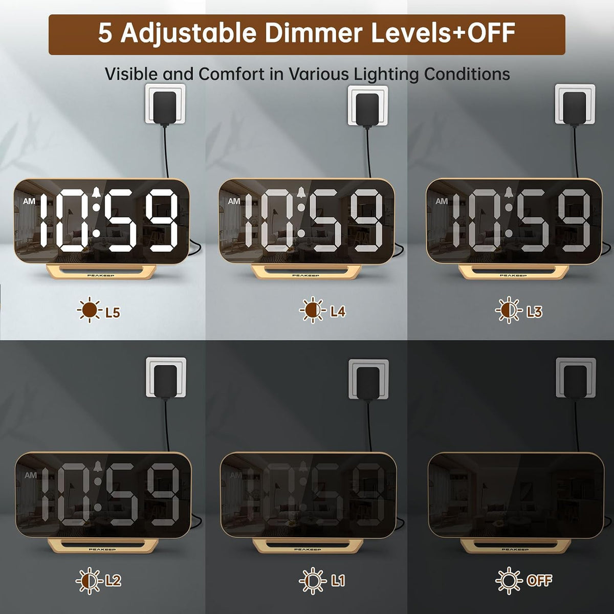 Slim Digital Mirror Aesthetic Alarm Clock for Bedrooms Desk Decor