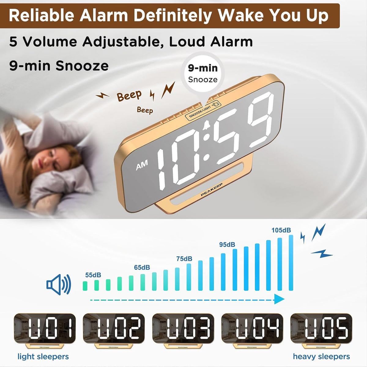 Slim Digital Mirror Aesthetic Alarm Clock for Bedrooms Desk Decor
